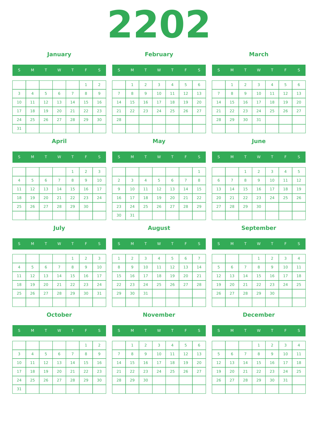 Printable 2202 Year Calendars green