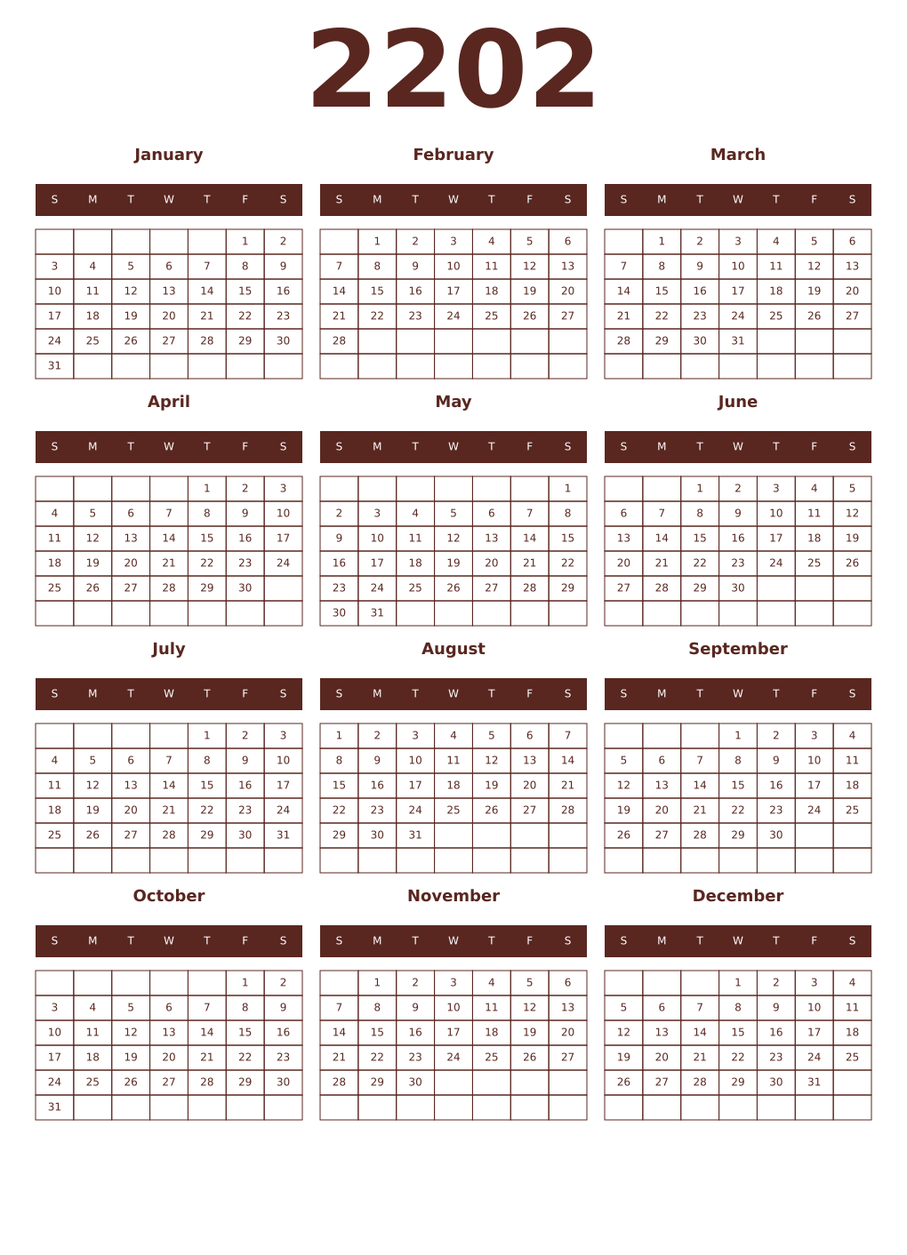 Printable 2202 Year Calendars mortuum