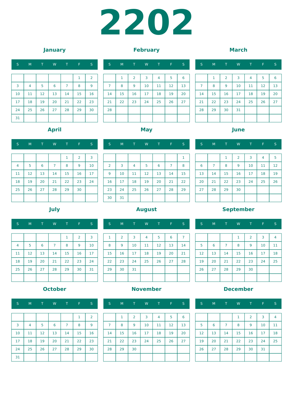Printable 2202 Year Calendars pastel