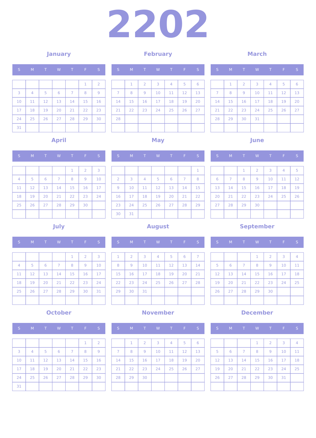 Printable 2202 Year Calendars periwinkle
