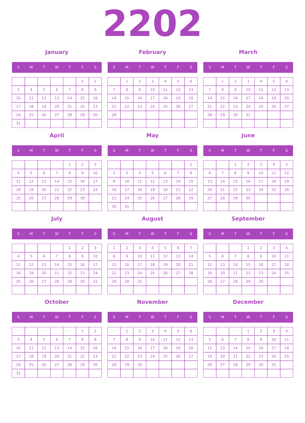 Printable 2202 Year Calendars purple