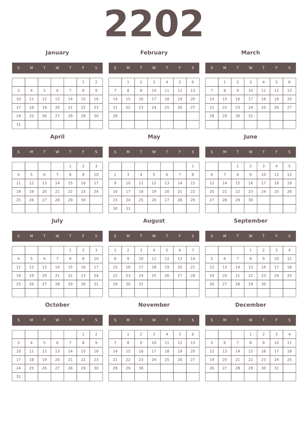 Printable 2202 Year Calendars wenge