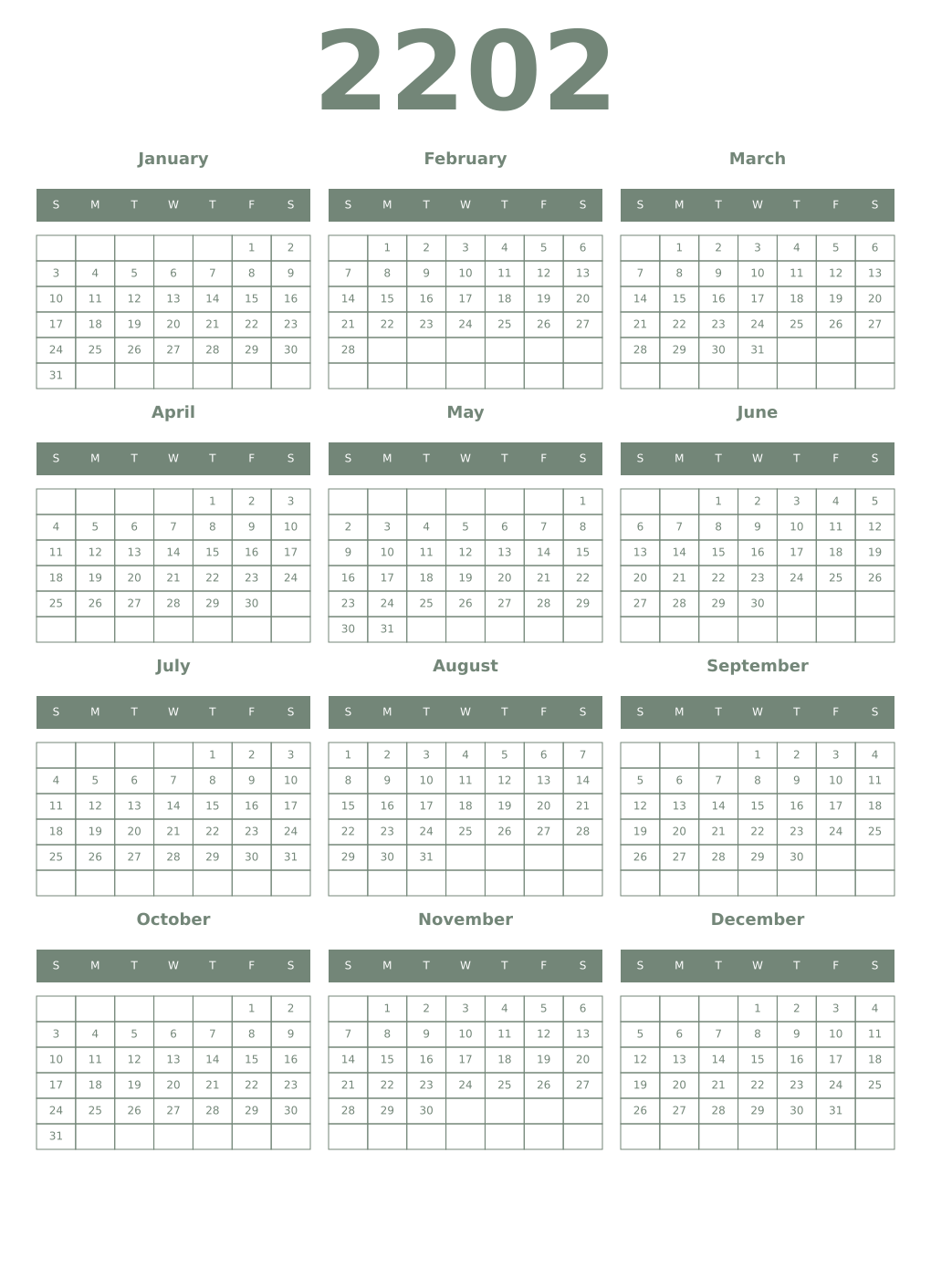 Printable 2202 Year Calendars xanadu