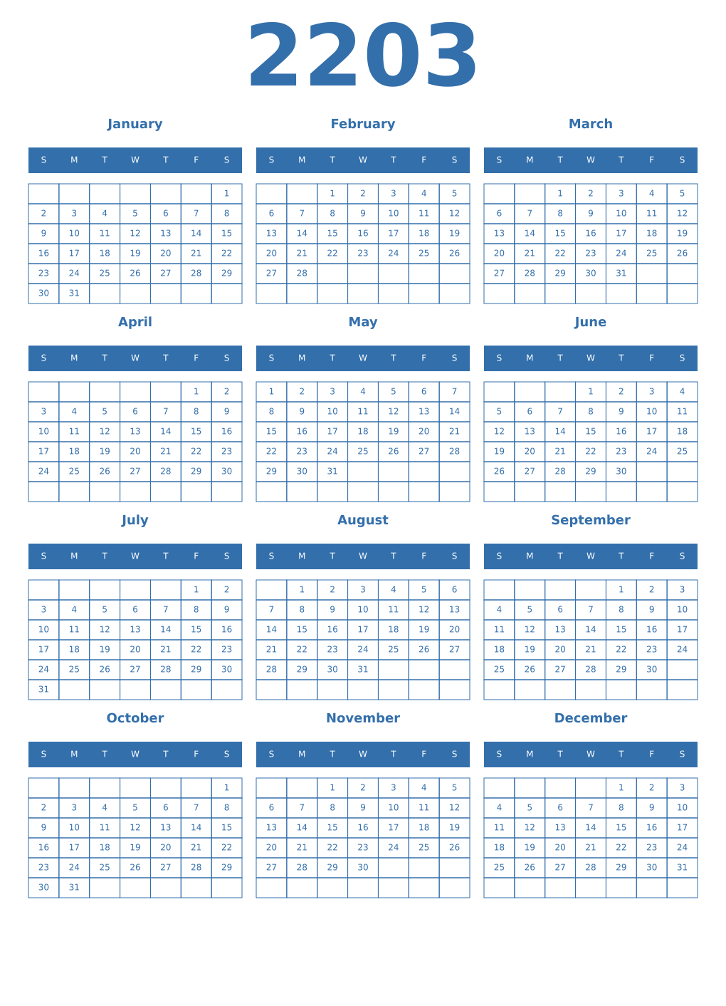 Printable 2203 Year Calendars blue