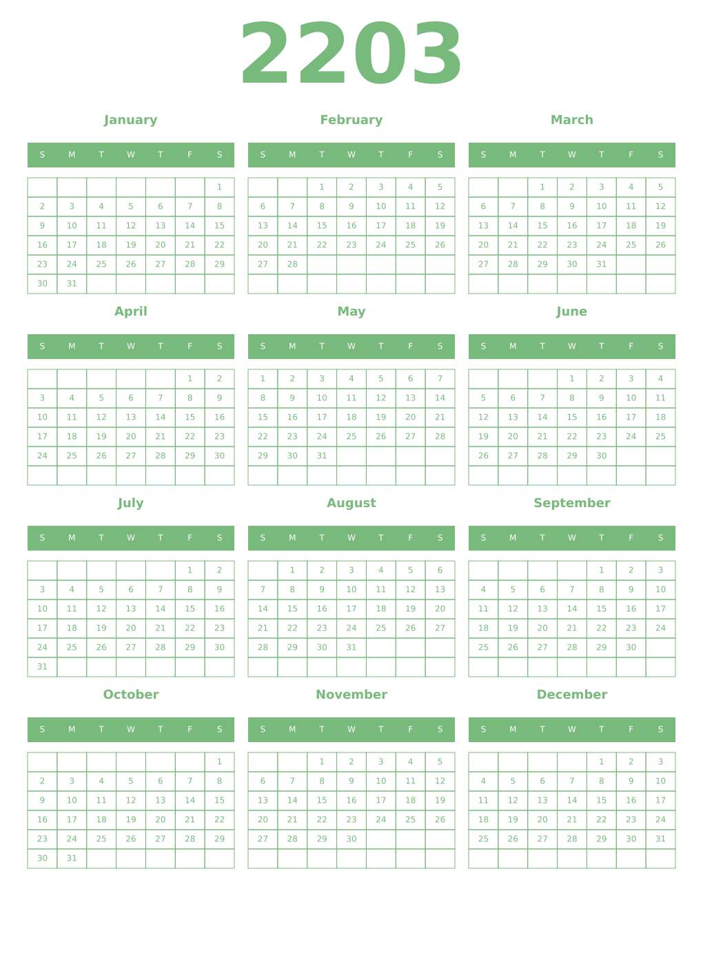 Printable 2203 Year Calendars celadon