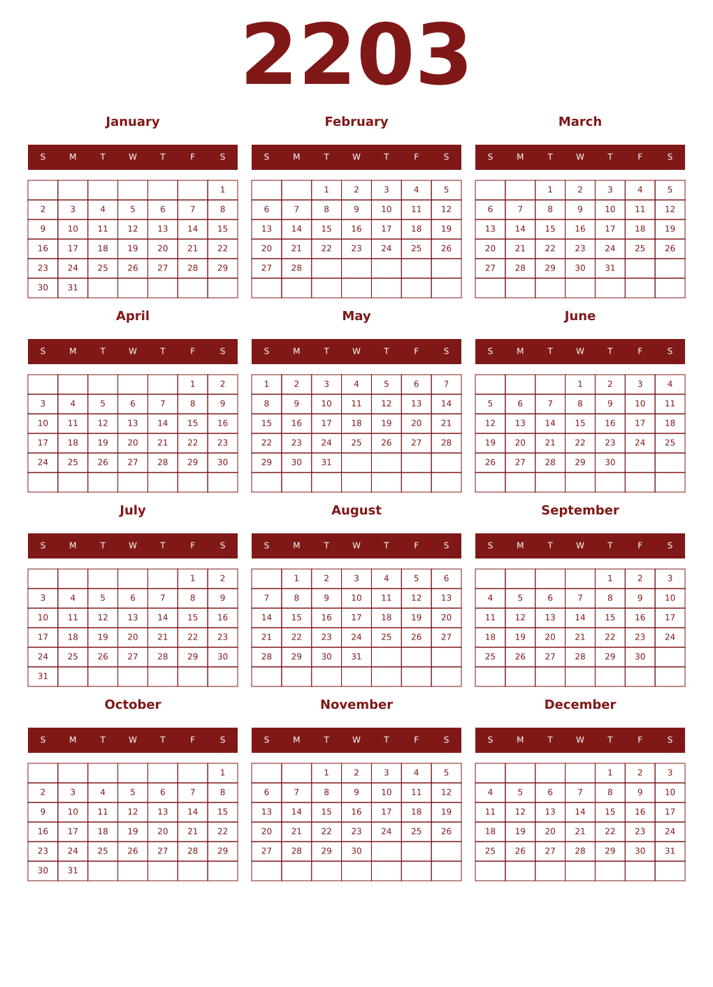 Printable 2203 Year Calendars falu