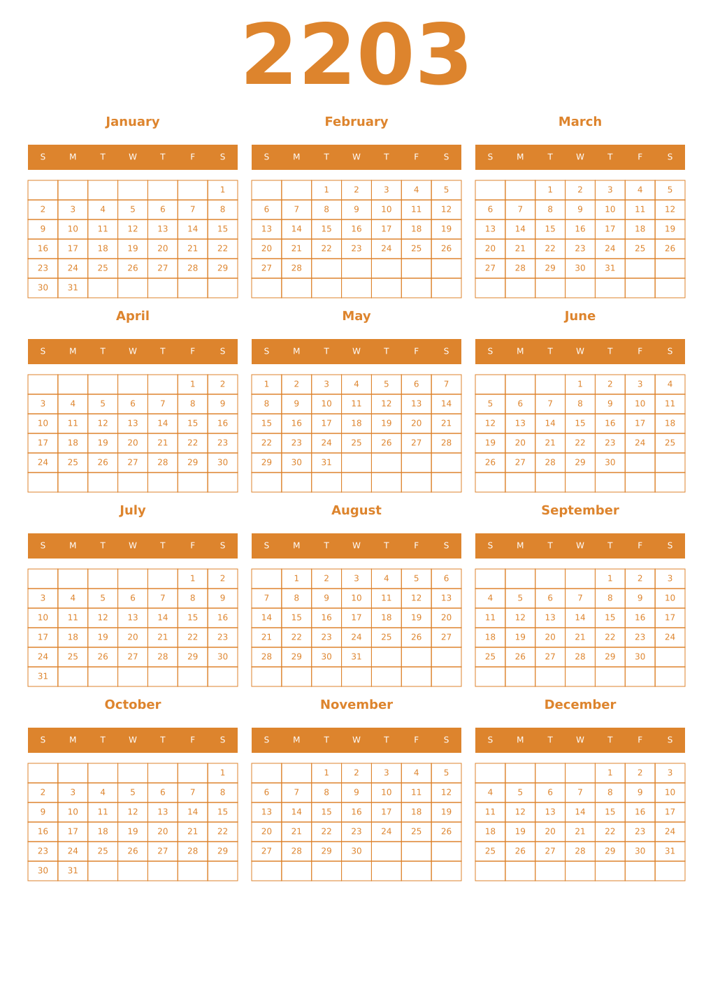 Printable 2203 Year Calendars orange