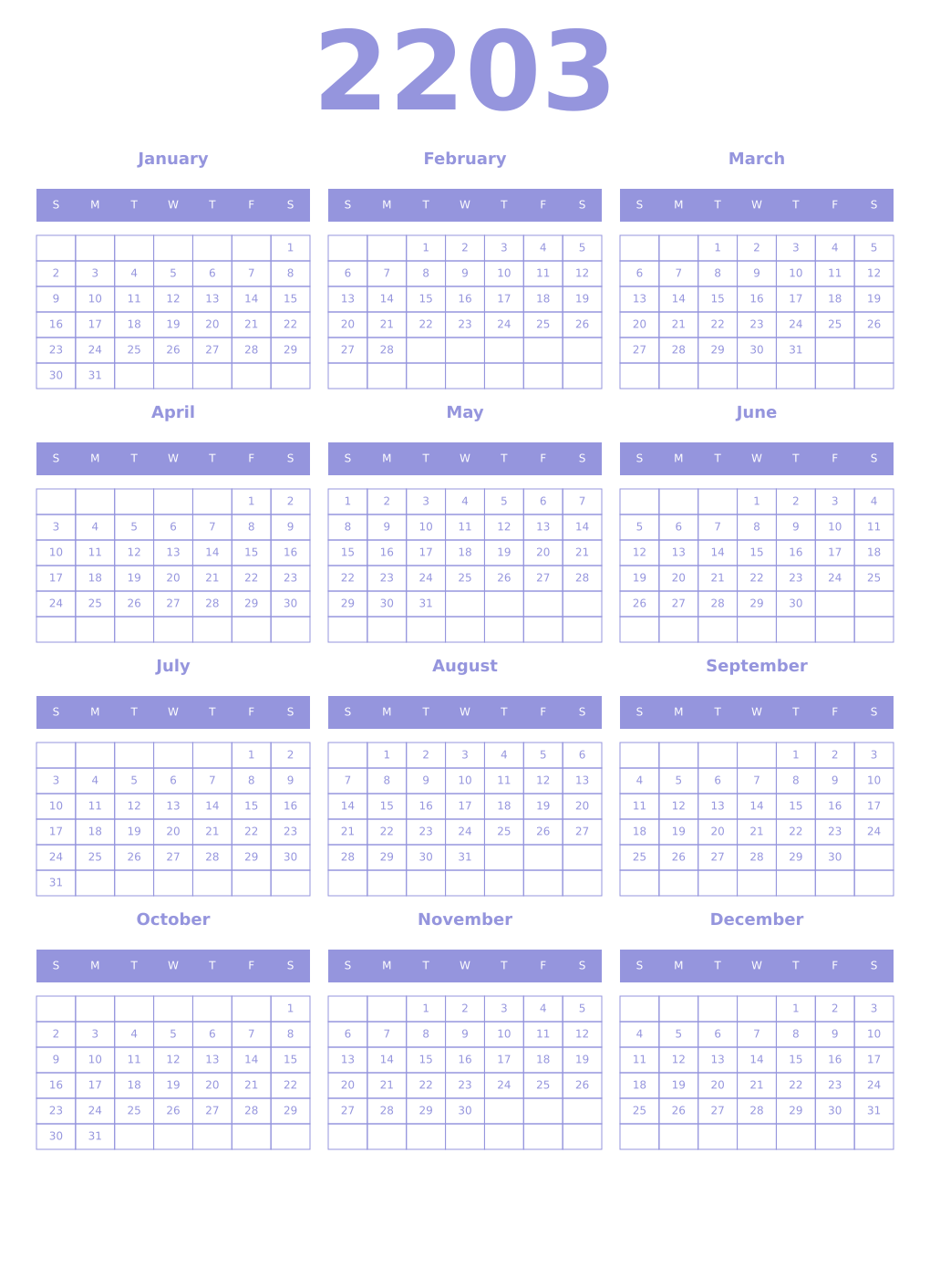 Printable 2203 Year Calendars periwinkle