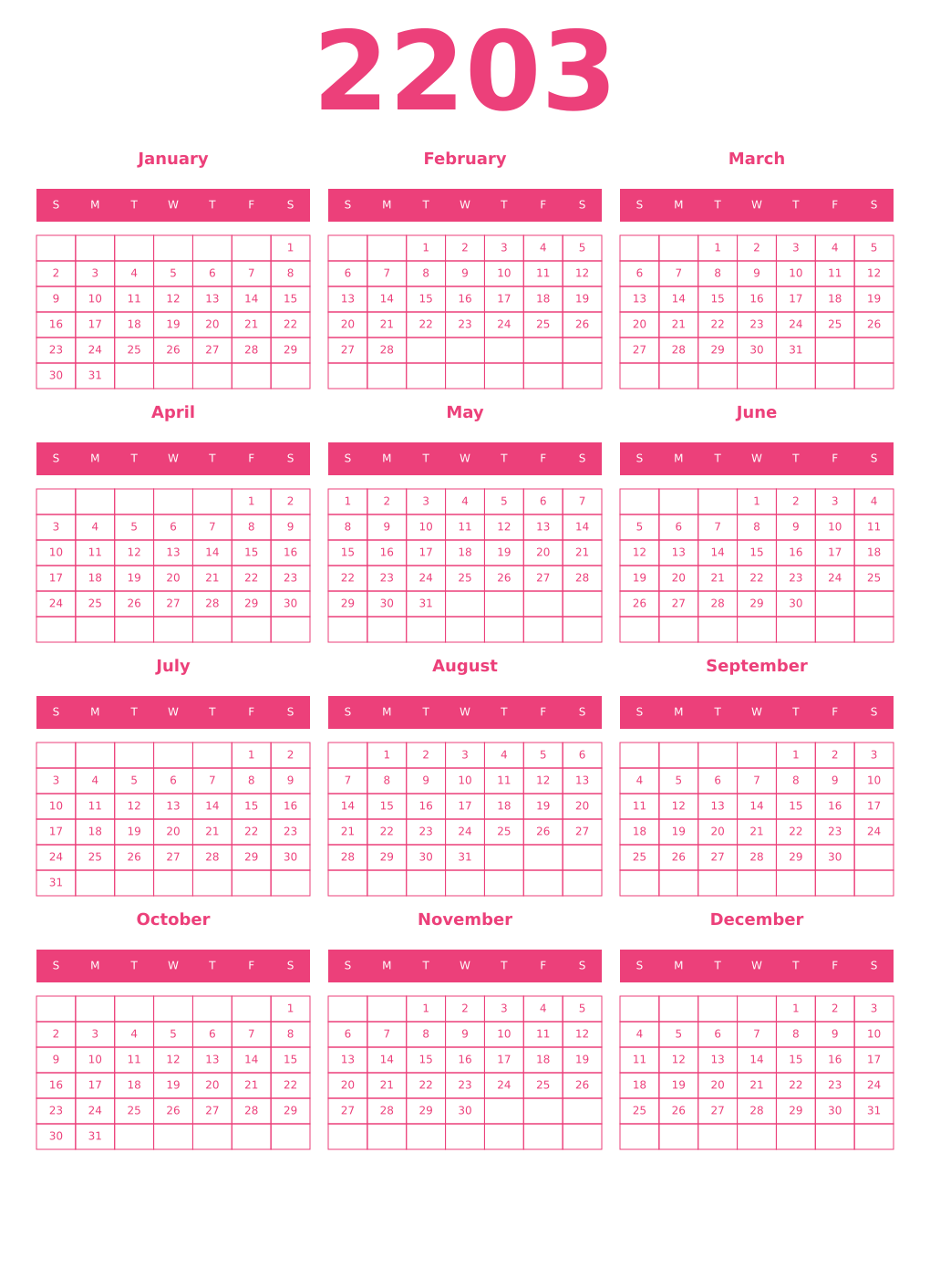 Printable 2203 Year Calendars pink