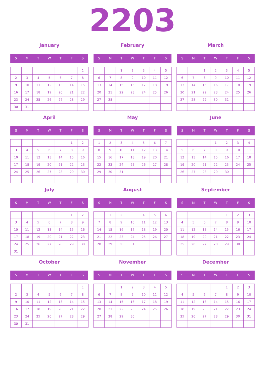 Printable 2203 Year Calendars purple