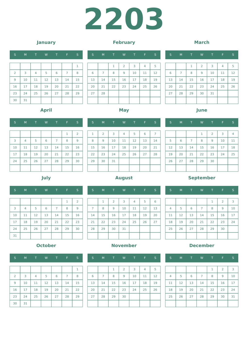 Printable 2203 Year Calendars viridian