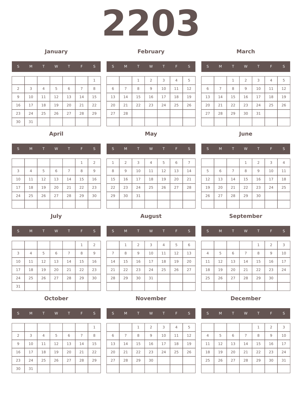 Printable 2203 Year Calendars wenge