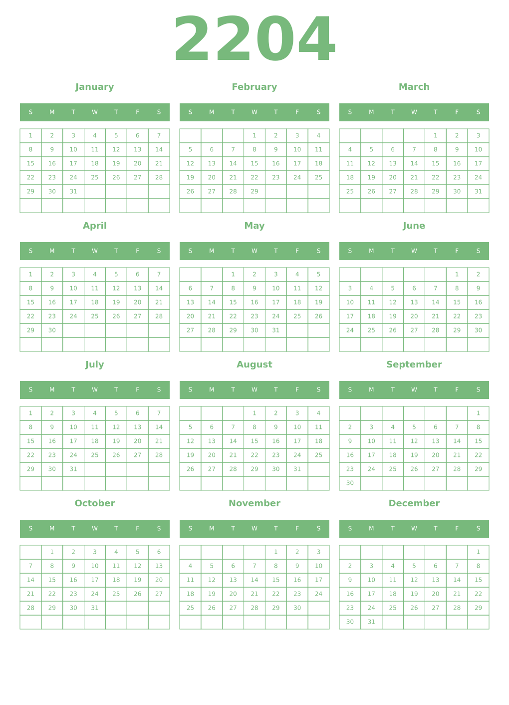 Printable 2204 Year Calendars celadon