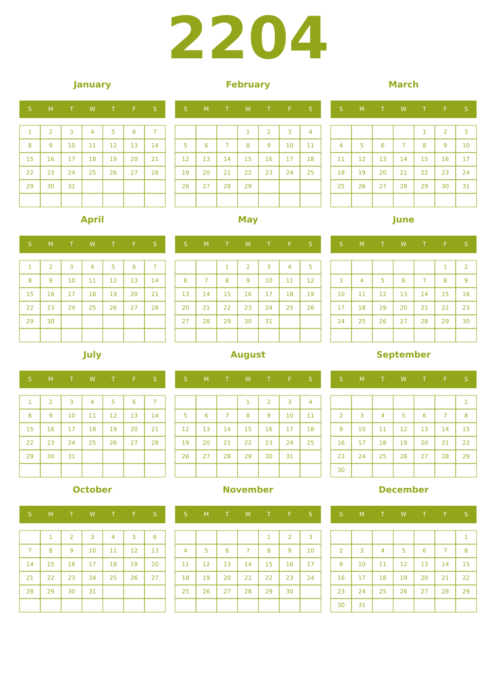 Printable 2204 Year Calendars chartreuse
