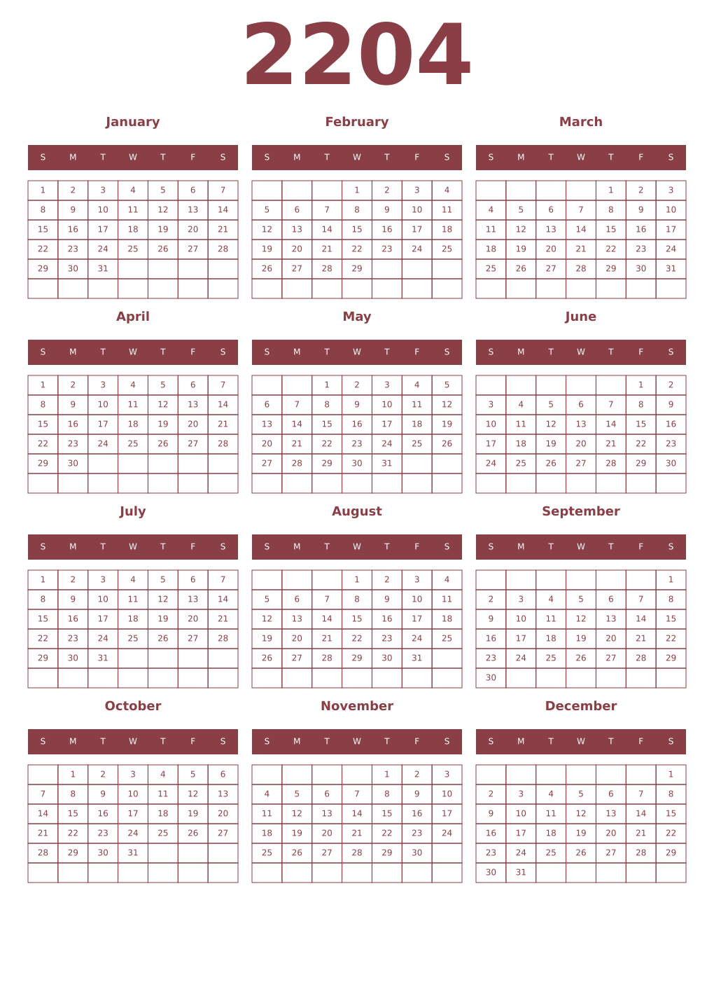 Printable 2204 Year Calendars cordovan