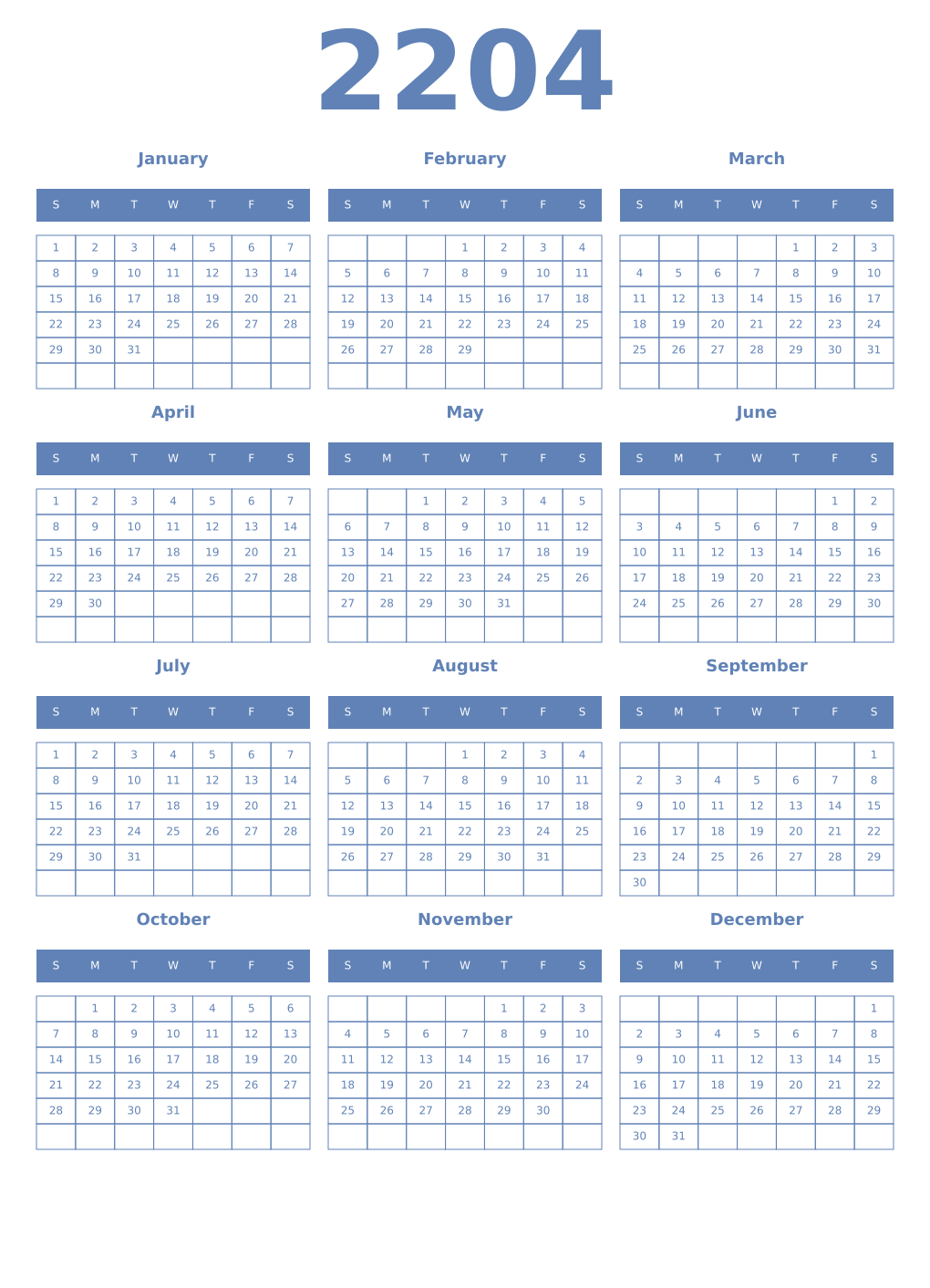 Printable 2204 Year Calendars glaucous