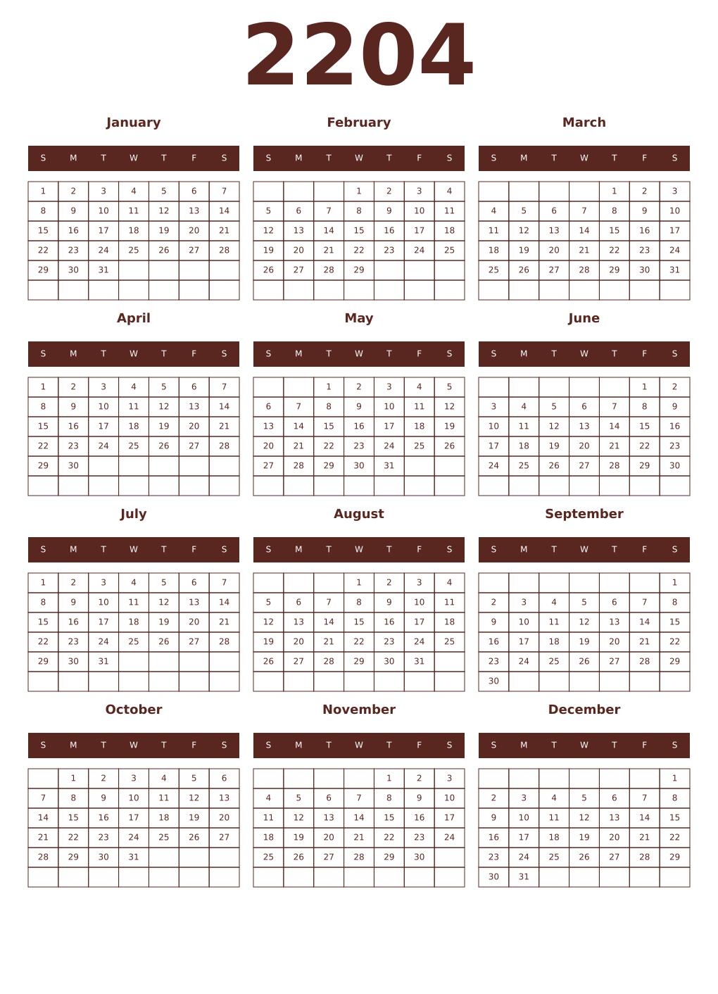 Printable 2204 Year Calendars mortuum