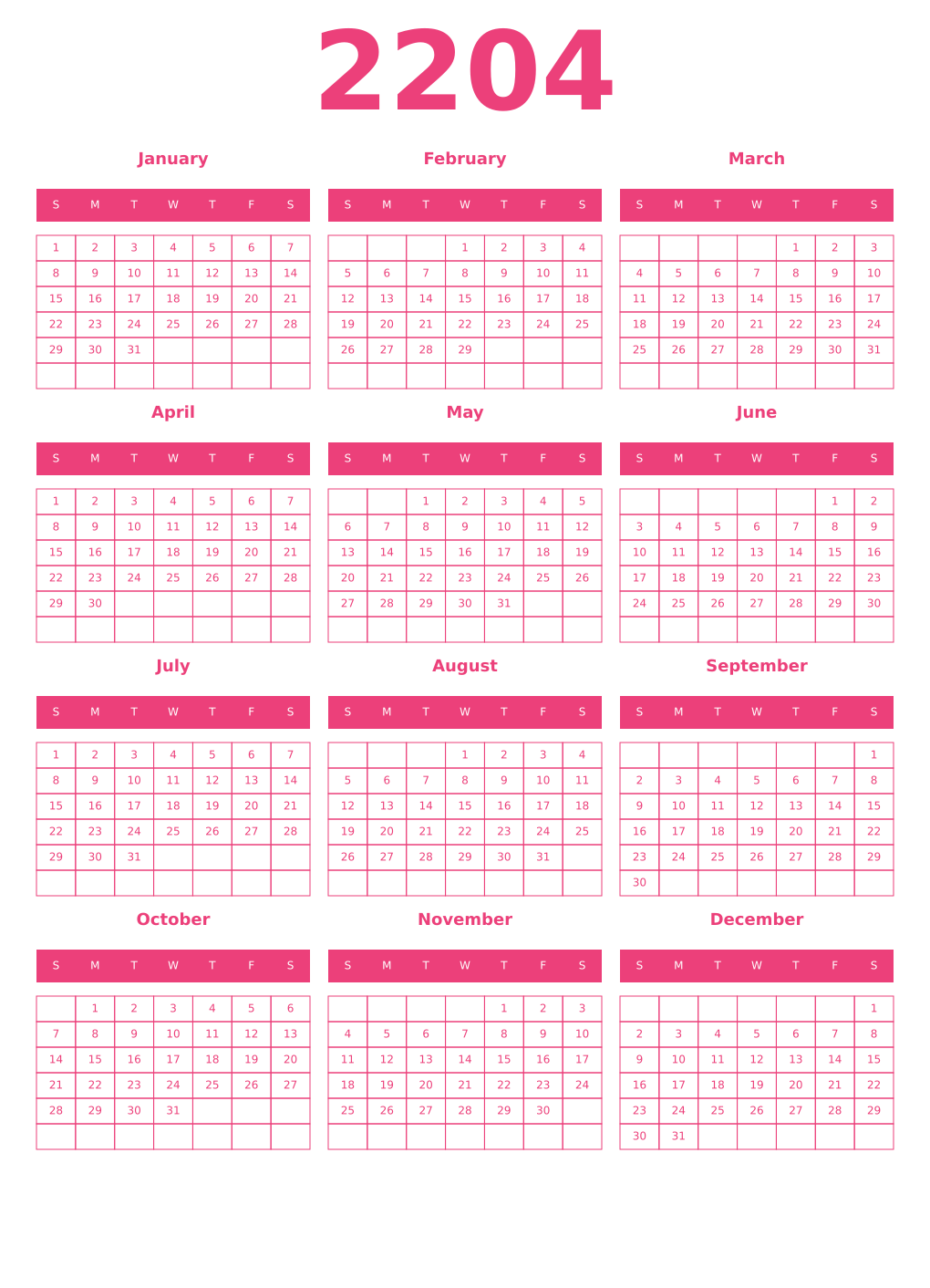 Printable 2204 Year Calendars pink