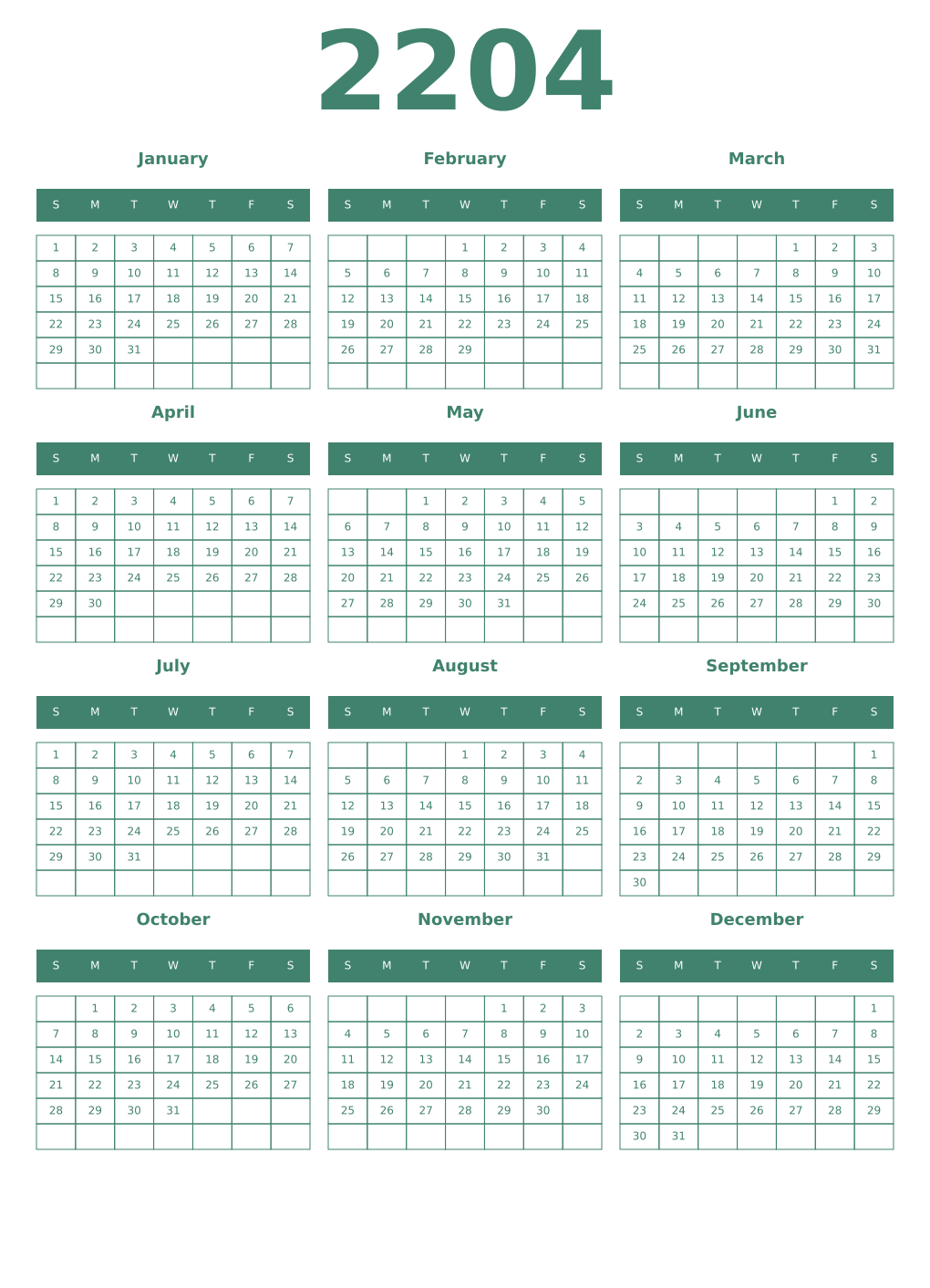 Printable 2204 Year Calendars viridian