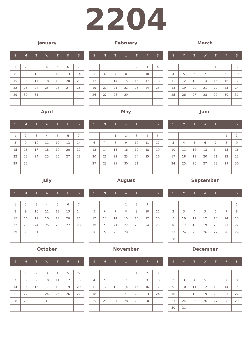 Printable 2204 Year Calendars wenge