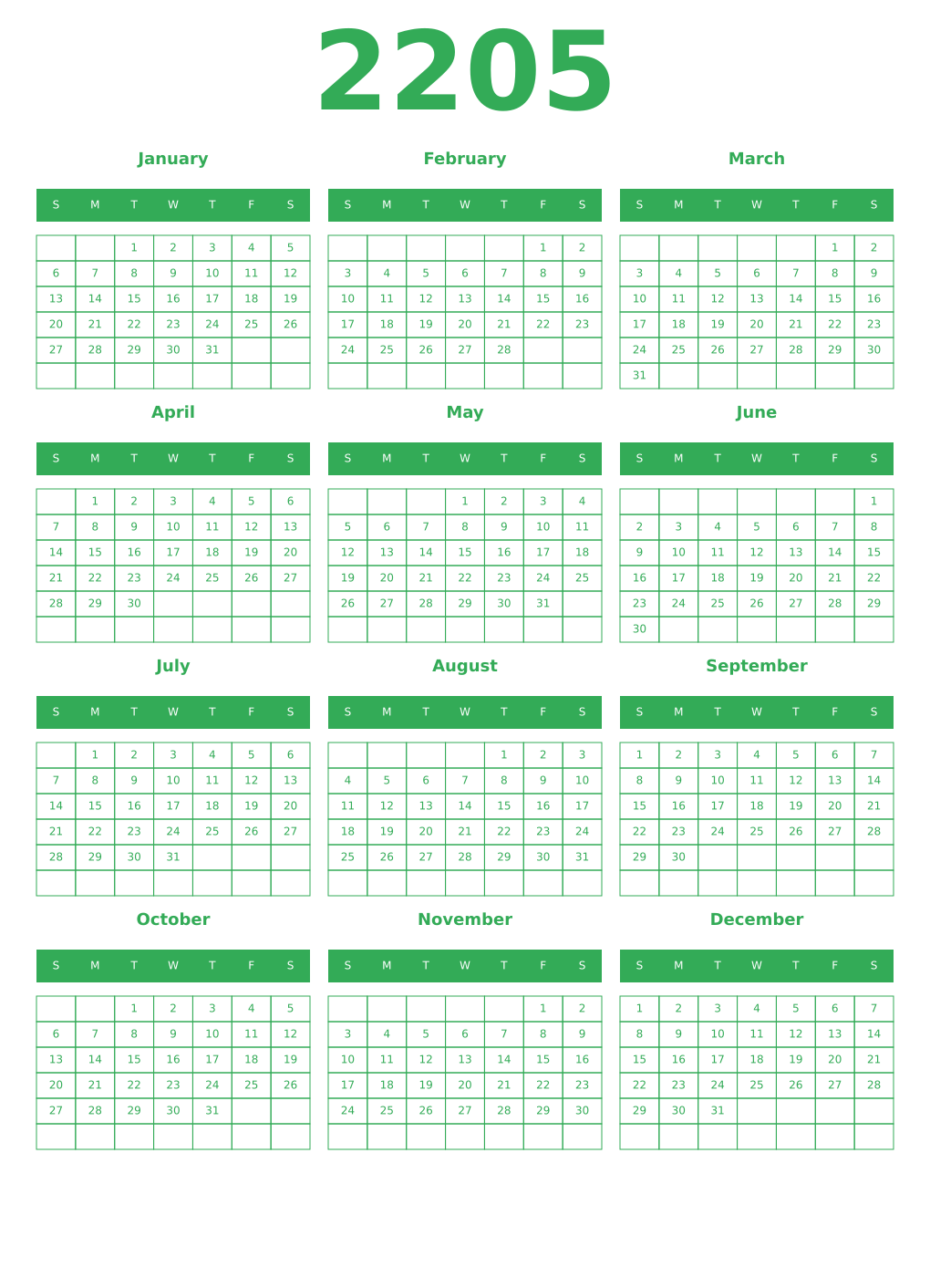 Printable 2205 Year Calendars green