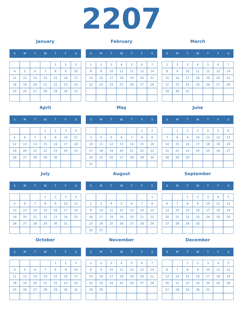 Printable 2207 Year Calendars blue