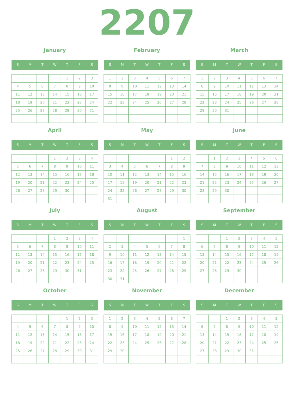 Printable 2207 Year Calendars celadon