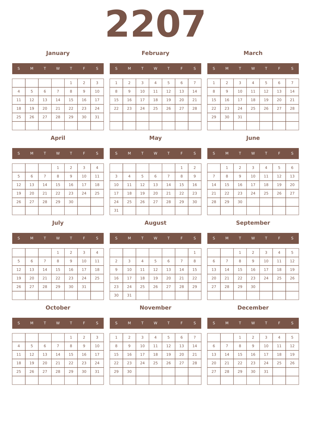 Printable 2207 Year Calendars coffe