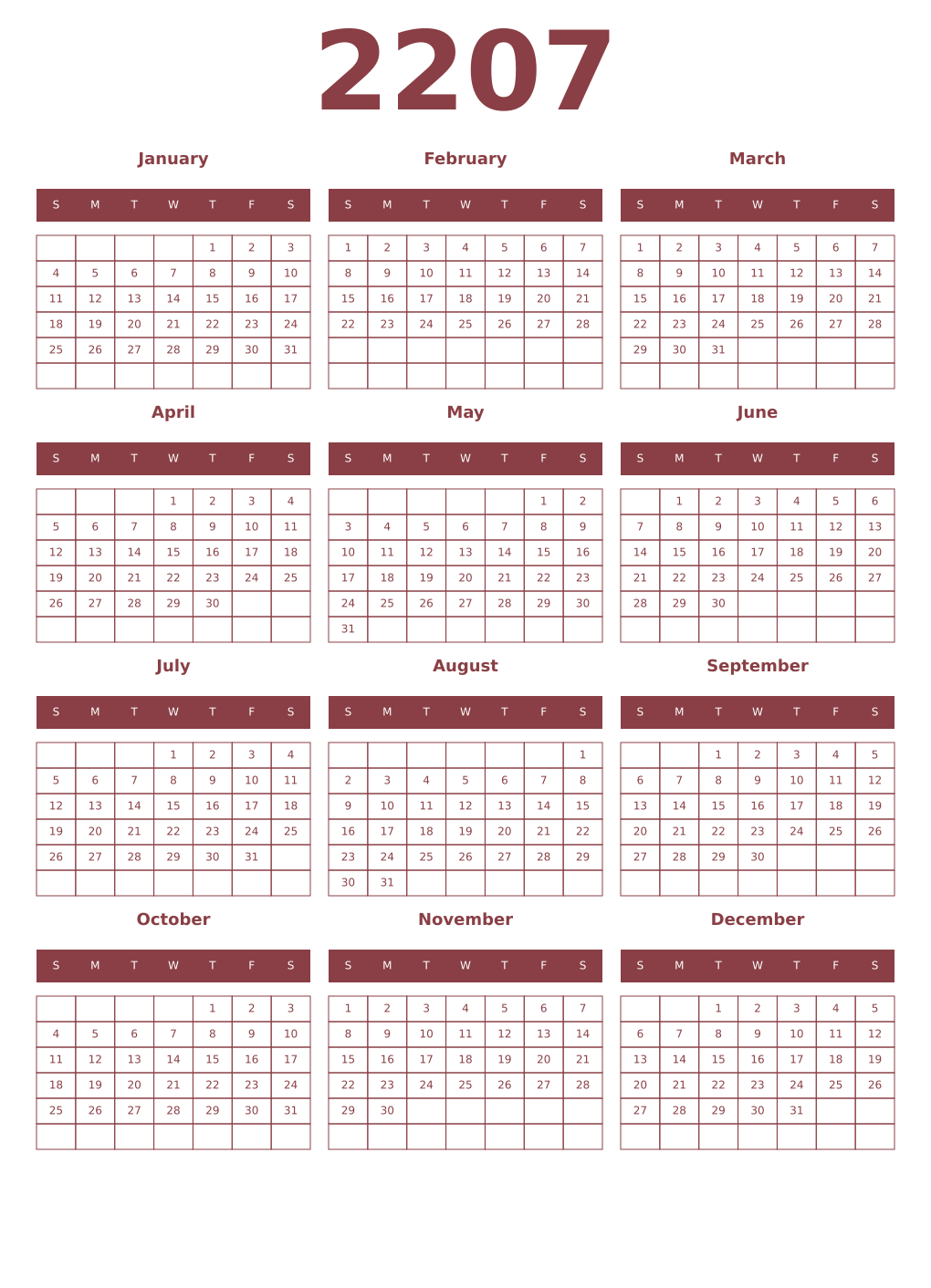 Printable 2207 Year Calendars cordovan