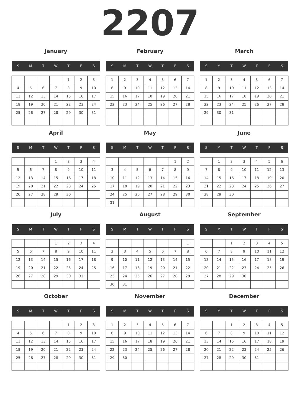 Printable 2207 Year Calendars dark