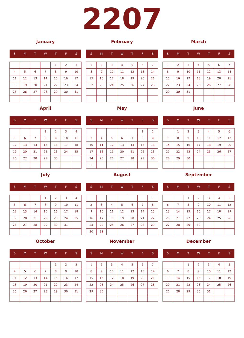 Printable 2207 Year Calendars falu