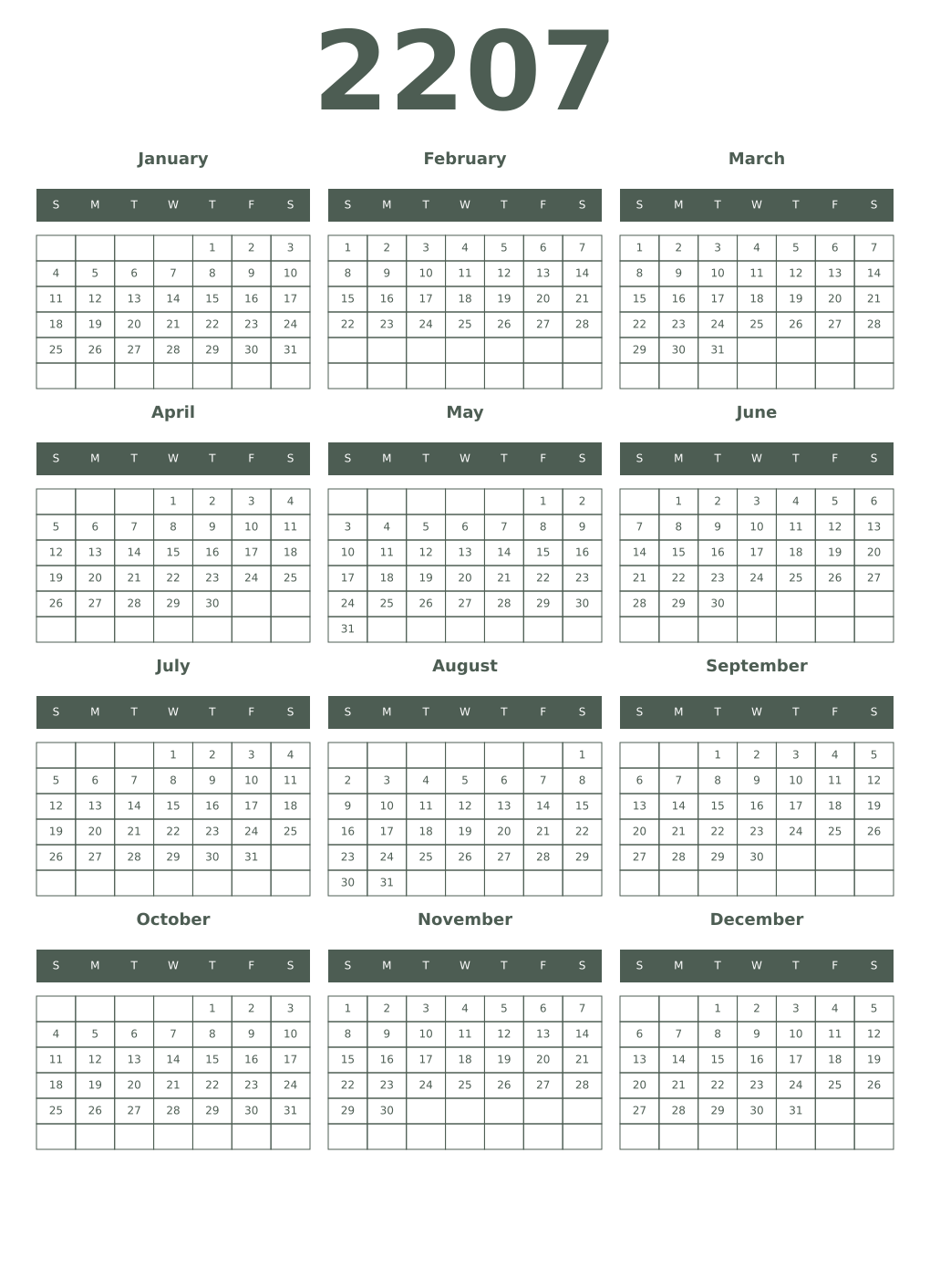 Printable 2207 Year Calendars feldgrau