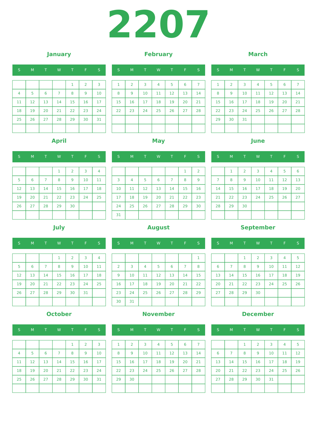 Printable 2207 Year Calendars green