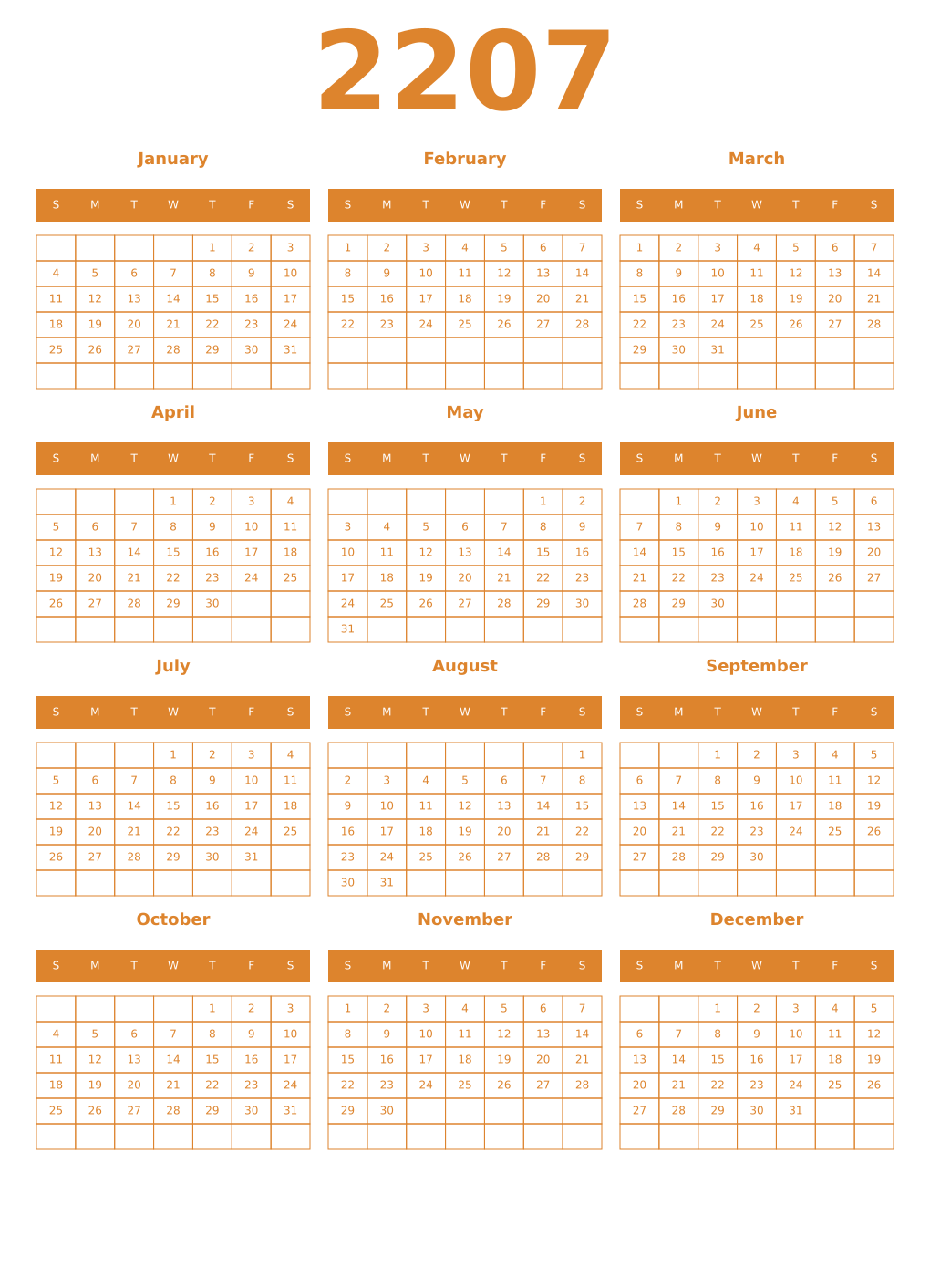 Printable 2207 Year Calendars orange