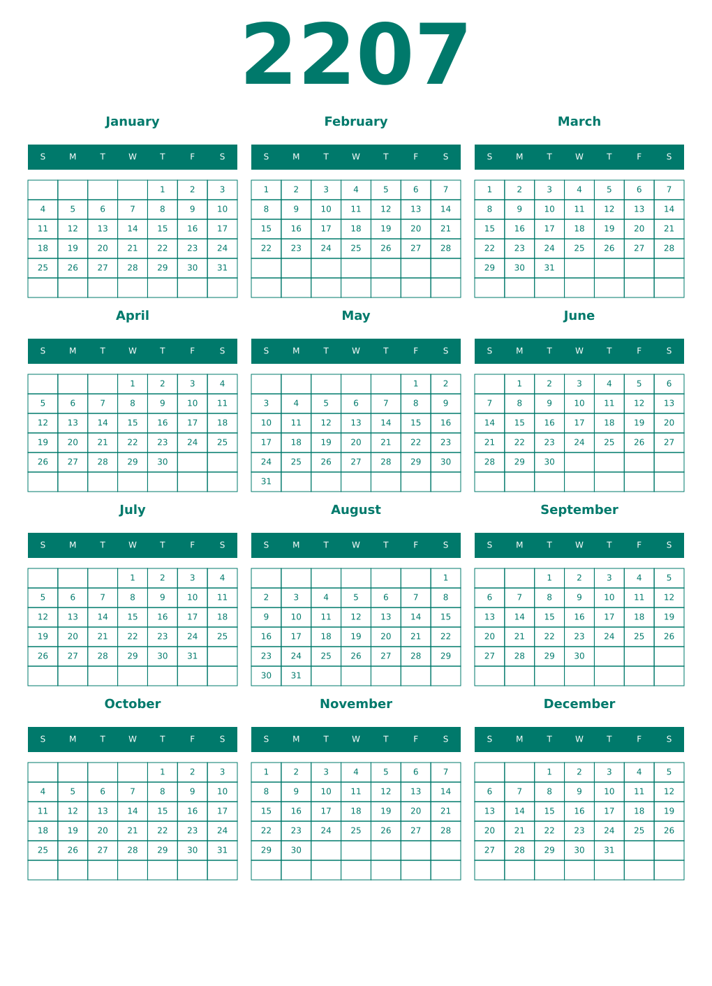 Printable 2207 Year Calendars pastel