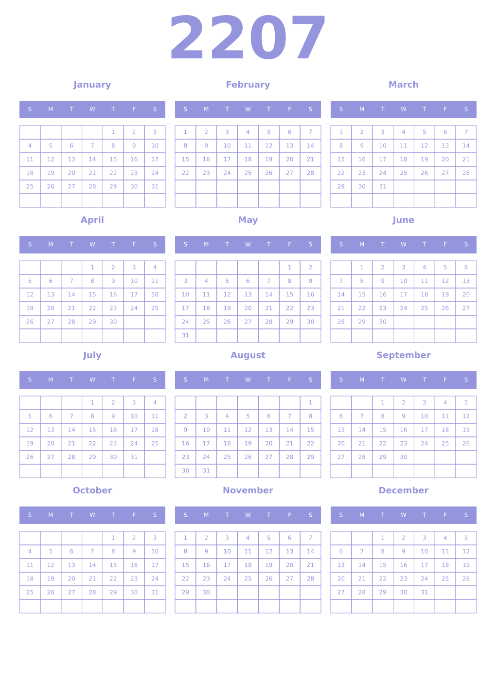 Printable 2207 Year Calendars periwinkle