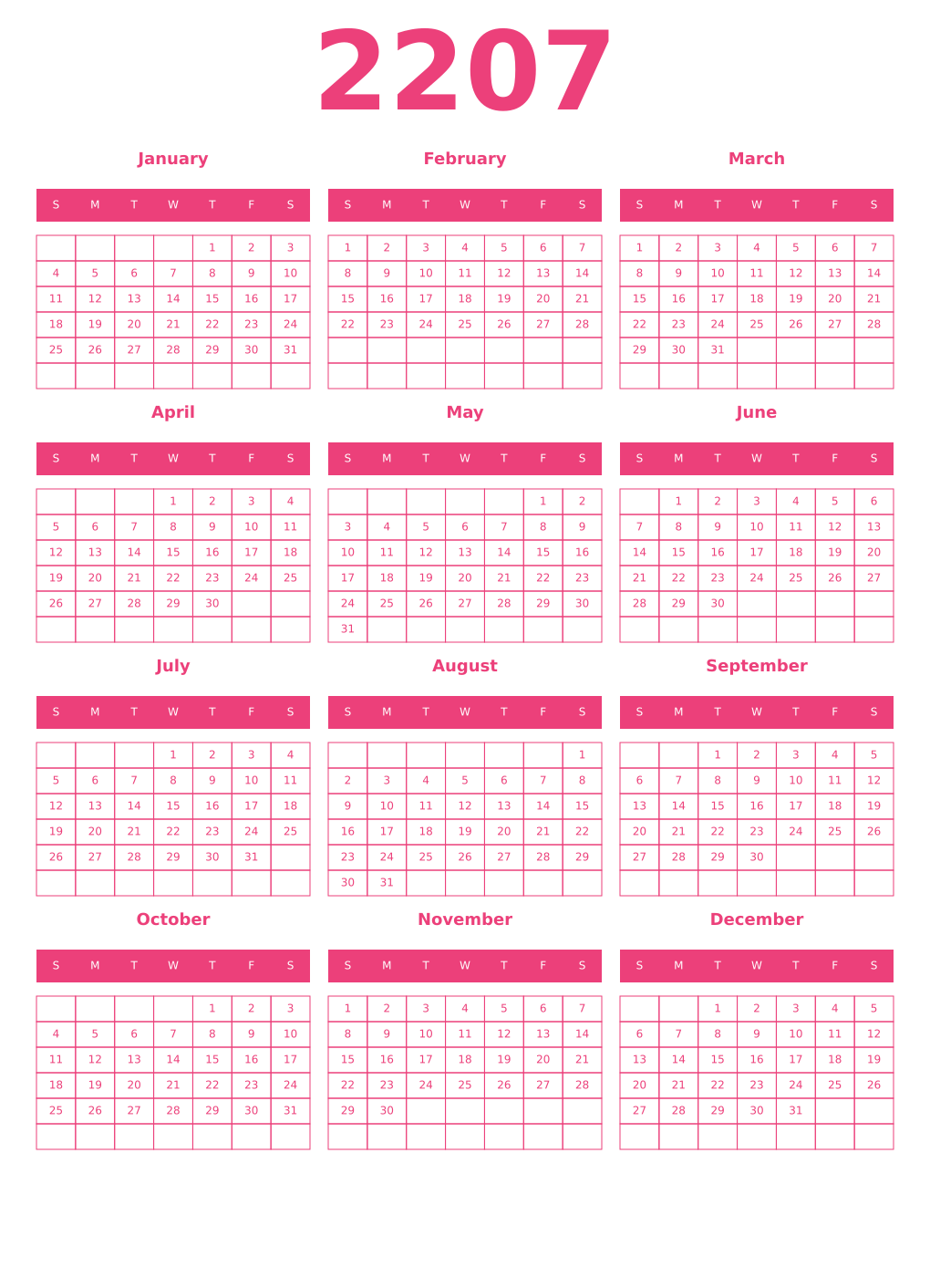 Printable 2207 Year Calendars pink