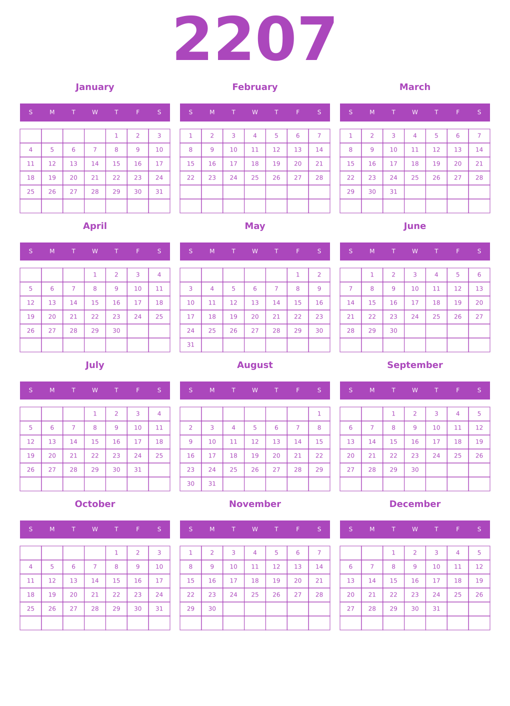 Printable 2207 Year Calendars purple