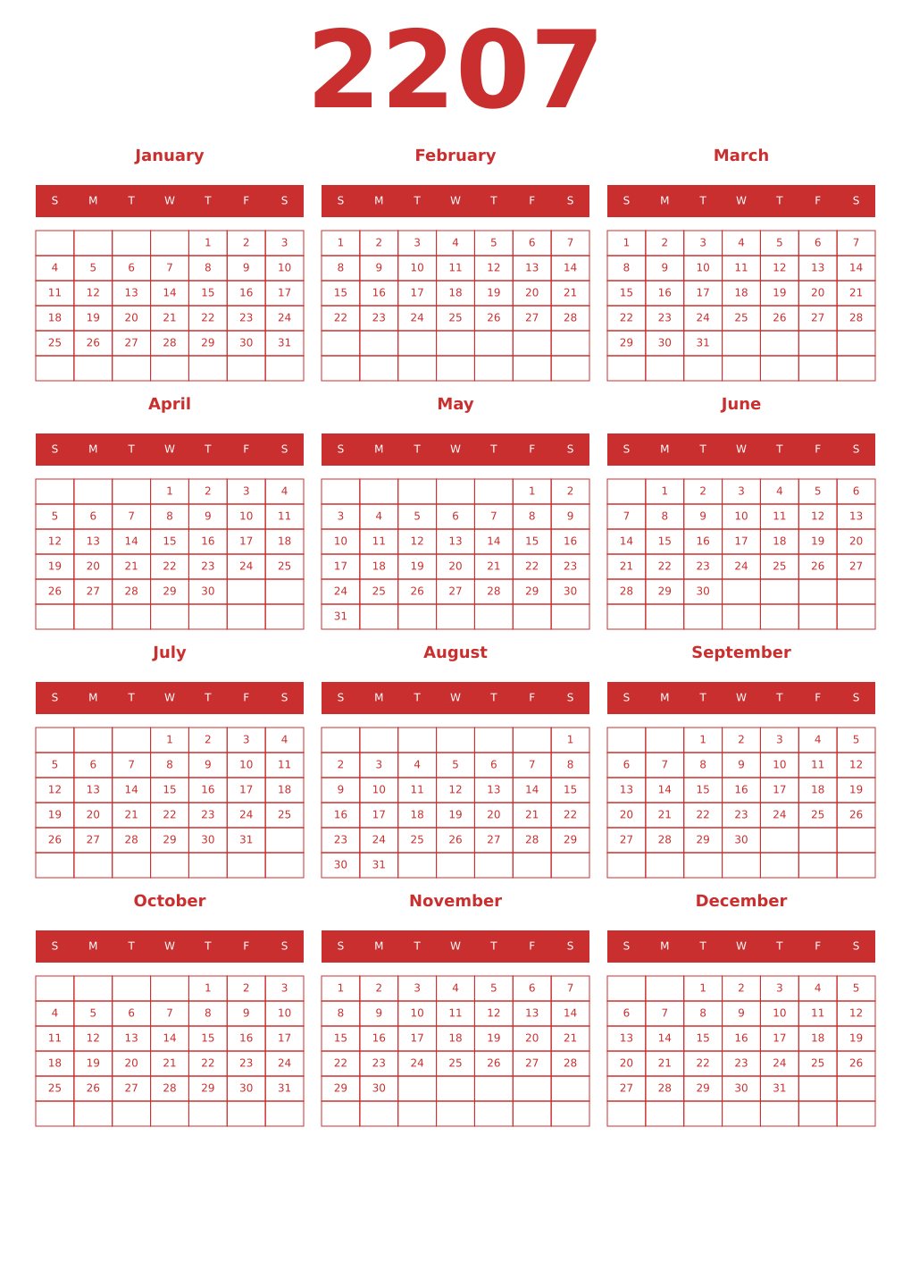 Printable 2207 Year Calendars red
