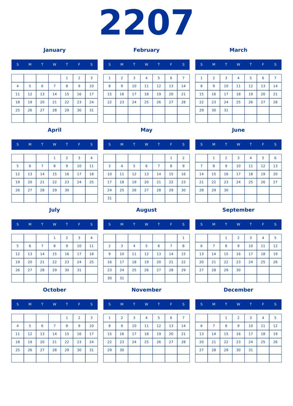 Printable 2207 Year Calendars smalt