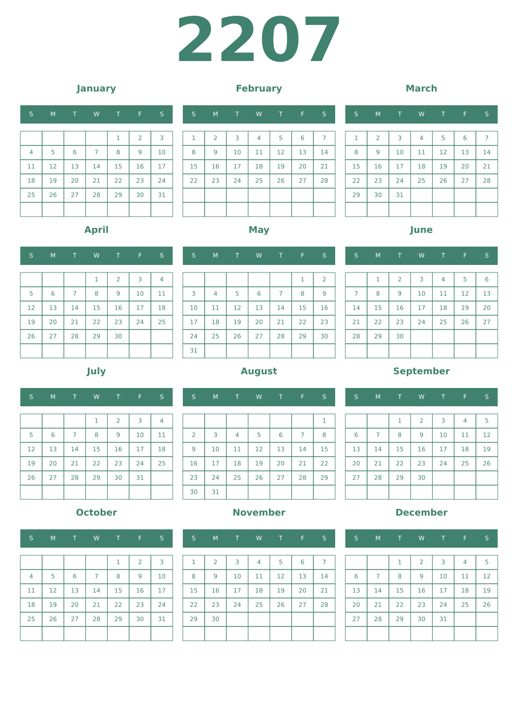 Printable 2207 Year Calendars viridian