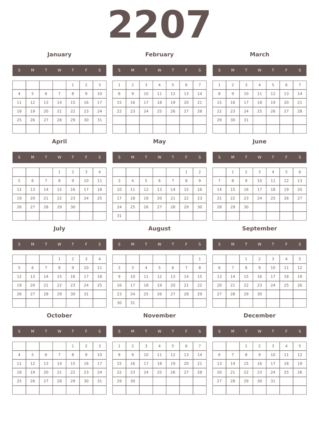Printable 2207 Year Calendars wenge