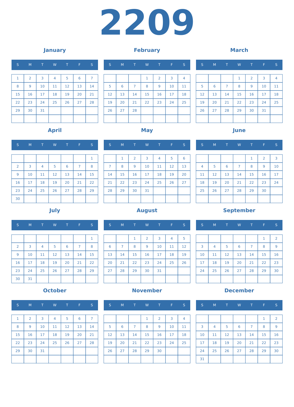 Printable 2209 Year Calendars blue