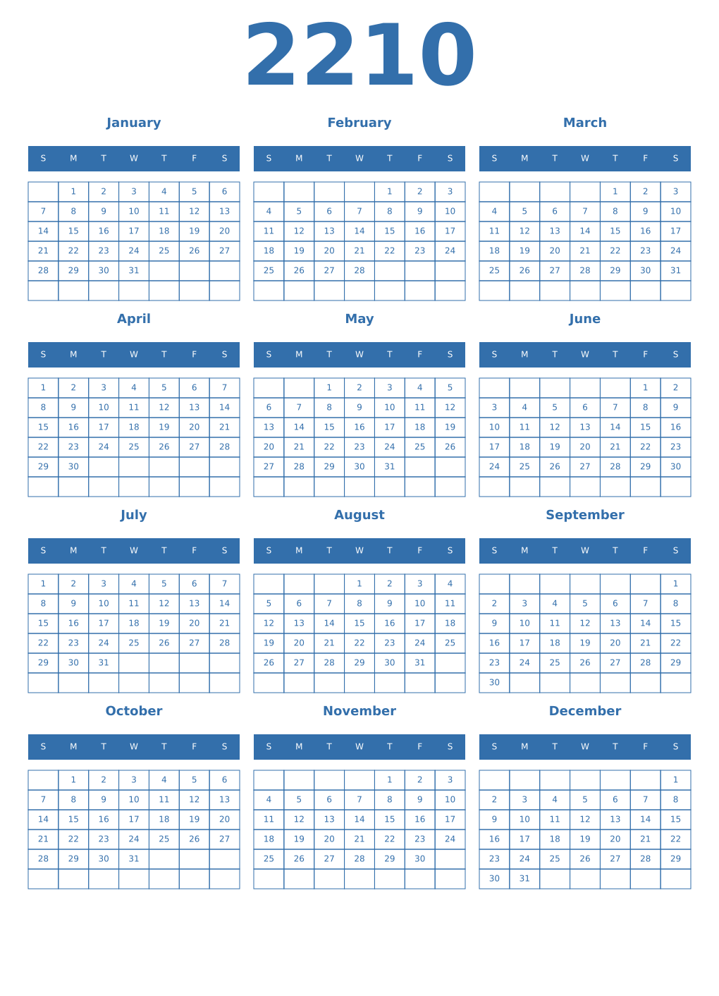 Printable 2210 Year Calendars blue