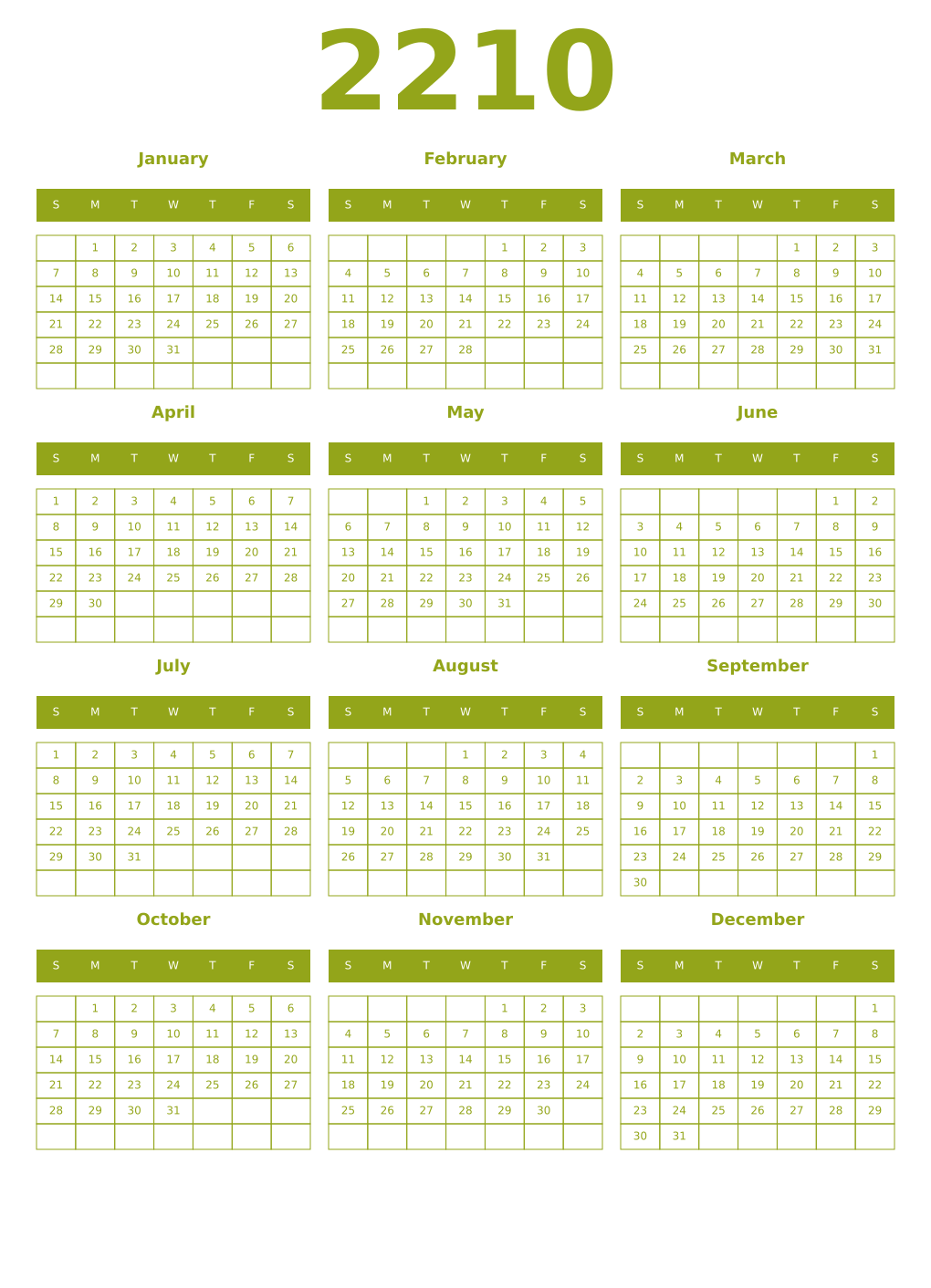 Printable 2210 Year Calendars chartreuse