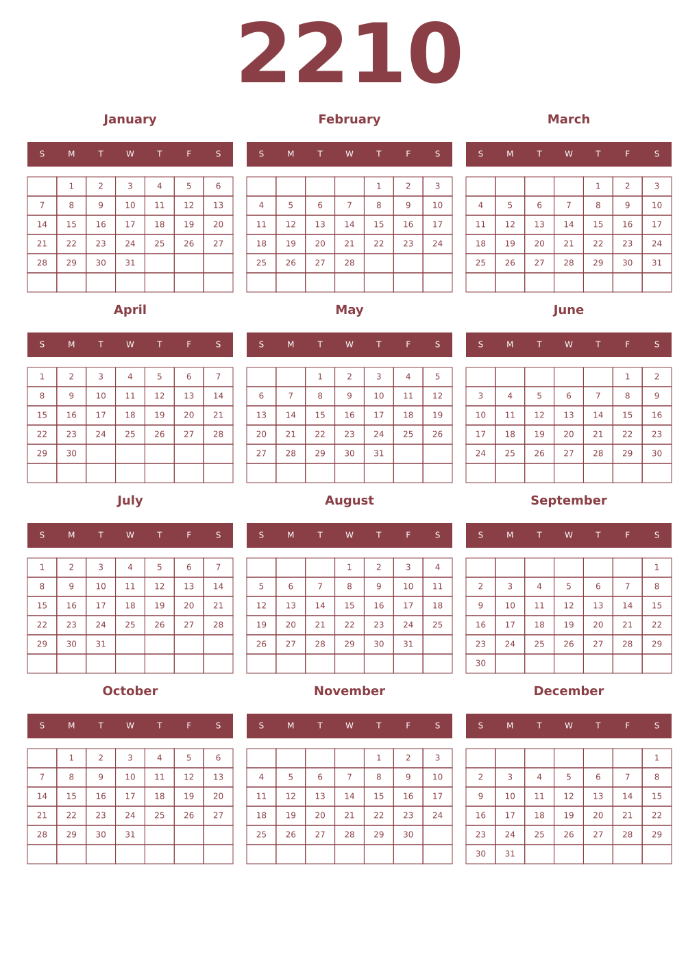 Printable 2210 Year Calendars cordovan