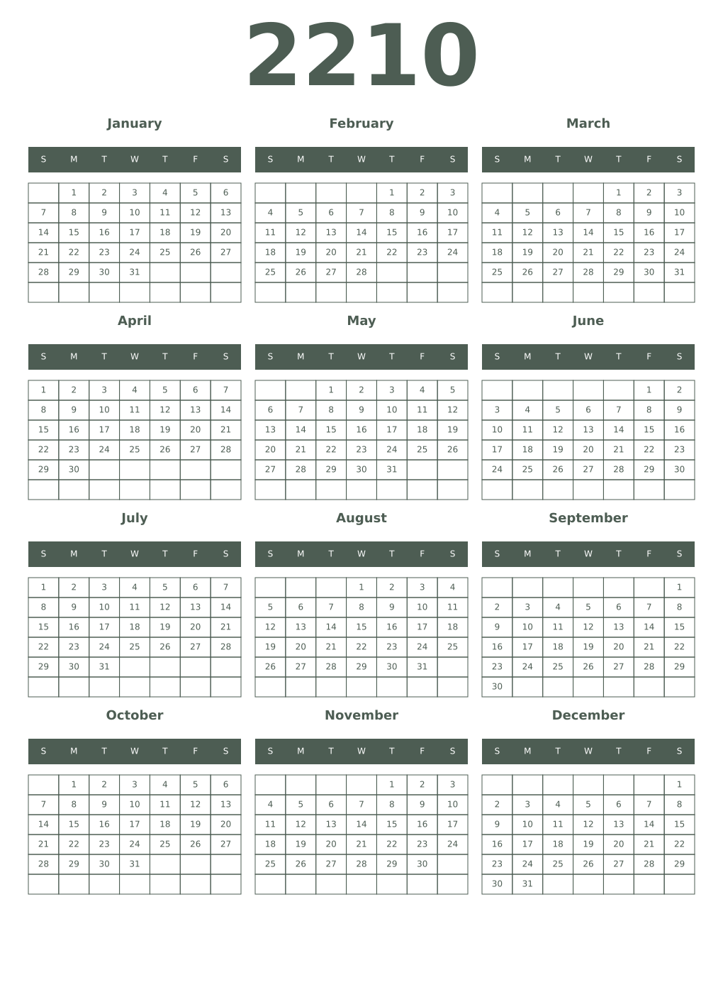 Printable 2210 Year Calendars feldgrau