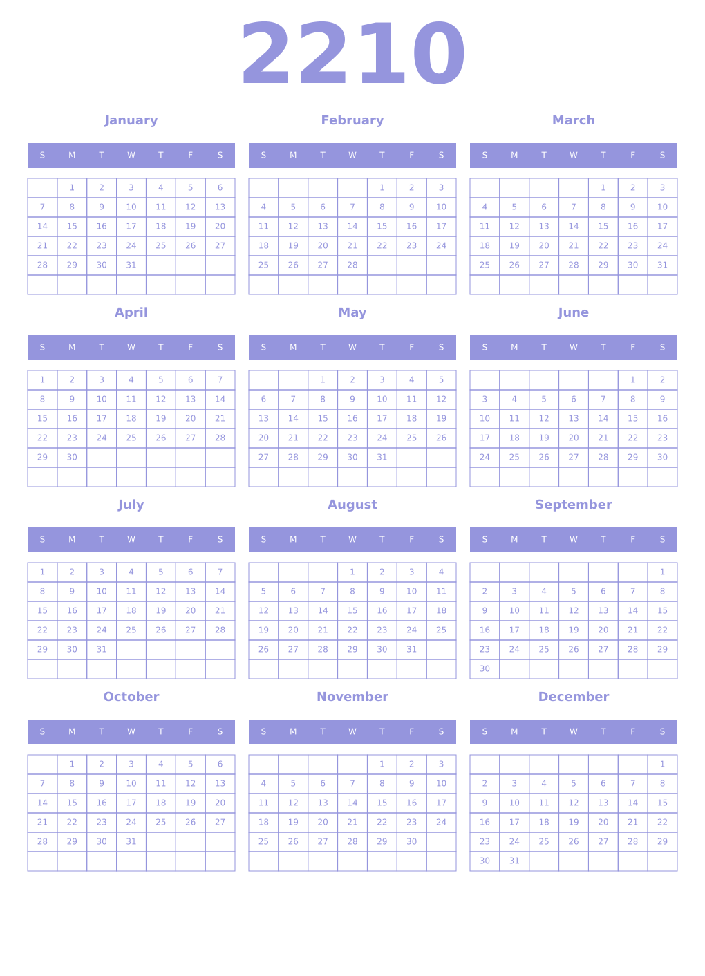 Printable 2210 Year Calendars periwinkle
