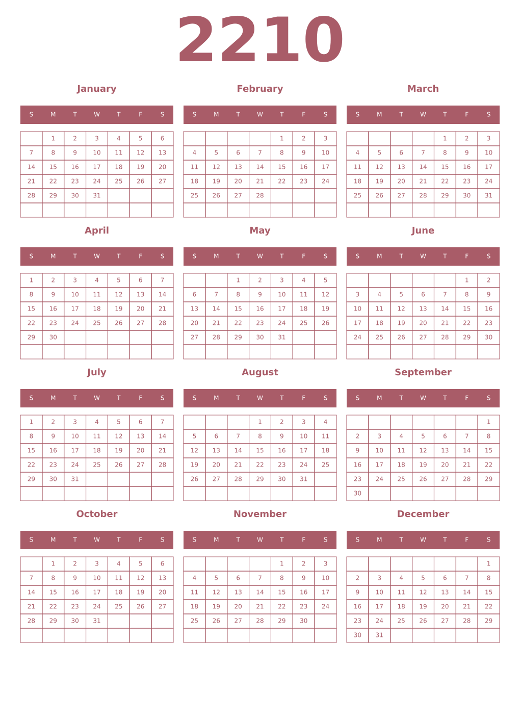 Printable 2210 Year Calendars puce