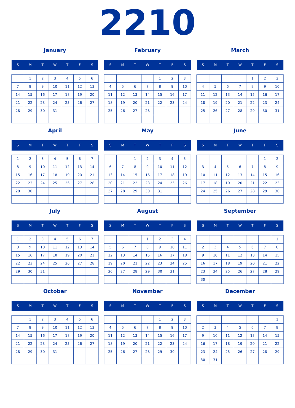 Printable 2210 Year Calendars smalt